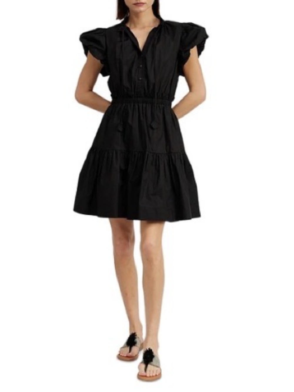 En Saison Nicollete Cotton Puffed-Sleeve Tiered Mini Dress (XS)